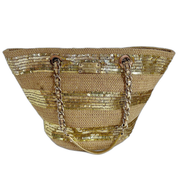 Kate Spade Woven Tote Bag Gold Sequins Summer Bag Beach Tote Shoulder Bag - Picture 1 of 9